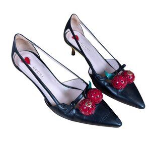 Gucci Black Nappa Unia Cherry Bamboo Pointed Toe Pumps Size 37.5